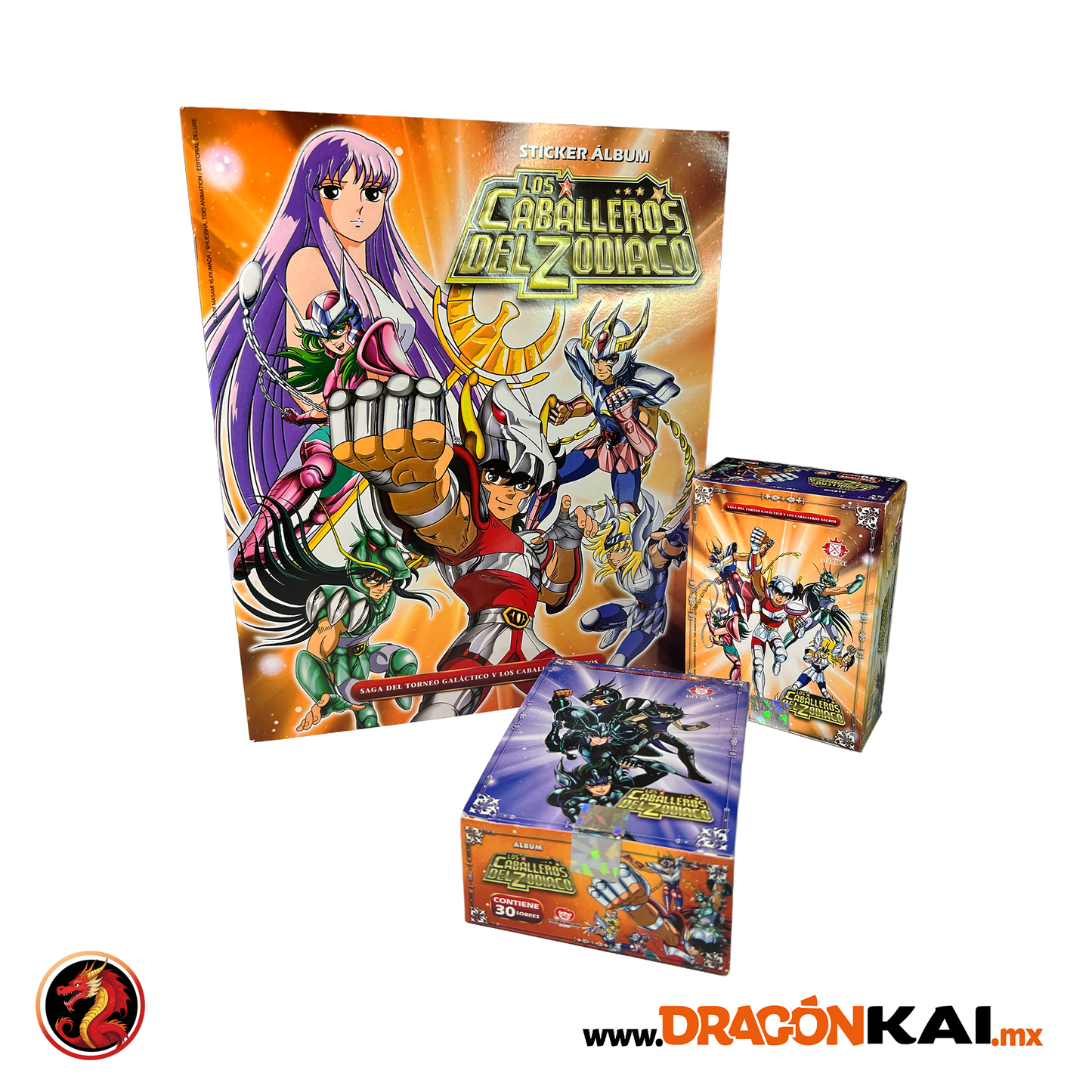 Colección Caballeros del Zodiaco: Saga del Torneo Galáctico y Los Caballeros Negros. Álbum + 2 cajas de 30 sobres